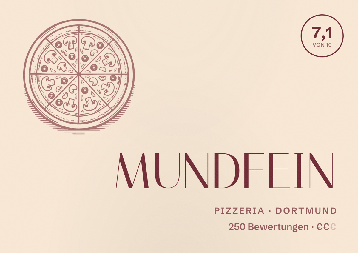 Illustriertes Poster von MUNDFEIN, Pizzeria in Dortmund: Bewertung 7,1 von 10 aus 250 Bewertungen, Preisniveau €€