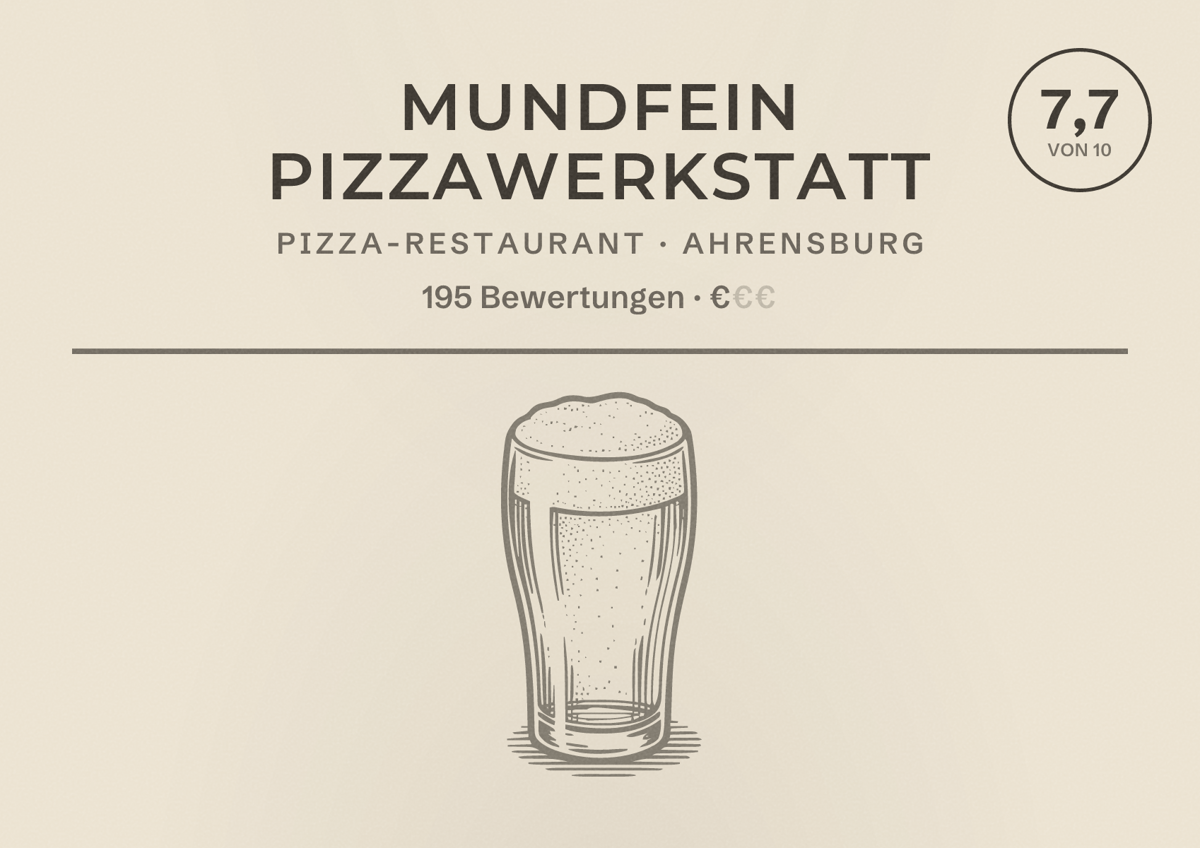 Illustriertes Poster von MUNDFEIN Pizzawerkstatt, Pizza-Restaurant in Ahrensburg: Bewertung 7,7 von 10 aus 195 Bewertungen, Preisniveau €