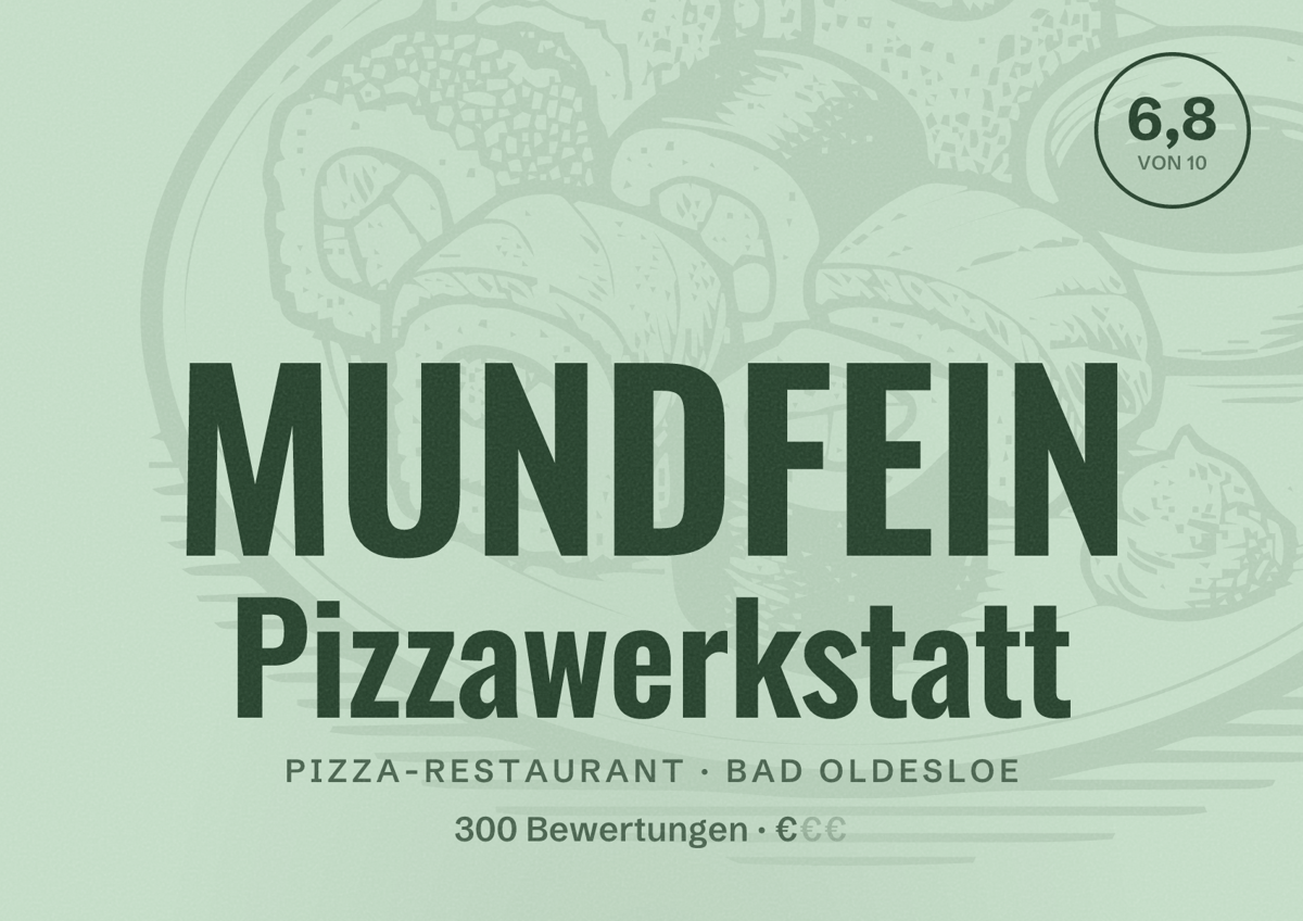 Illustriertes Poster von MUNDFEIN Pizzawerkstatt, Pizza-Restaurant in Bad Oldesloe: Bewertung 6,8 von 10 aus 300 Bewertungen, Preisniveau €