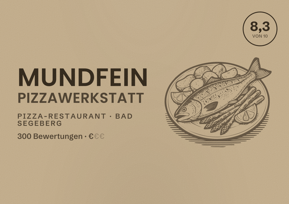 Illustriertes Poster von MUNDFEIN Pizzawerkstatt, Pizza-Restaurant in Bad Segeberg: Bewertung 8,3 von 10 aus 300 Bewertungen, Preisniveau €