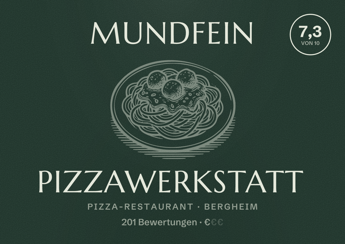 Illustriertes Poster von MUNDFEIN Pizzawerkstatt, Pizza-Restaurant in Bergheim: Bewertung 7,3 von 10 aus 201 Bewertungen, Preisniveau €