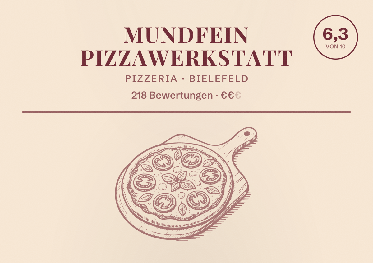 Illustriertes Poster von MUNDFEIN Pizzawerkstatt, Pizzeria in Bielefeld: Bewertung 6,3 von 10 aus 218 Bewertungen, Preisniveau €€