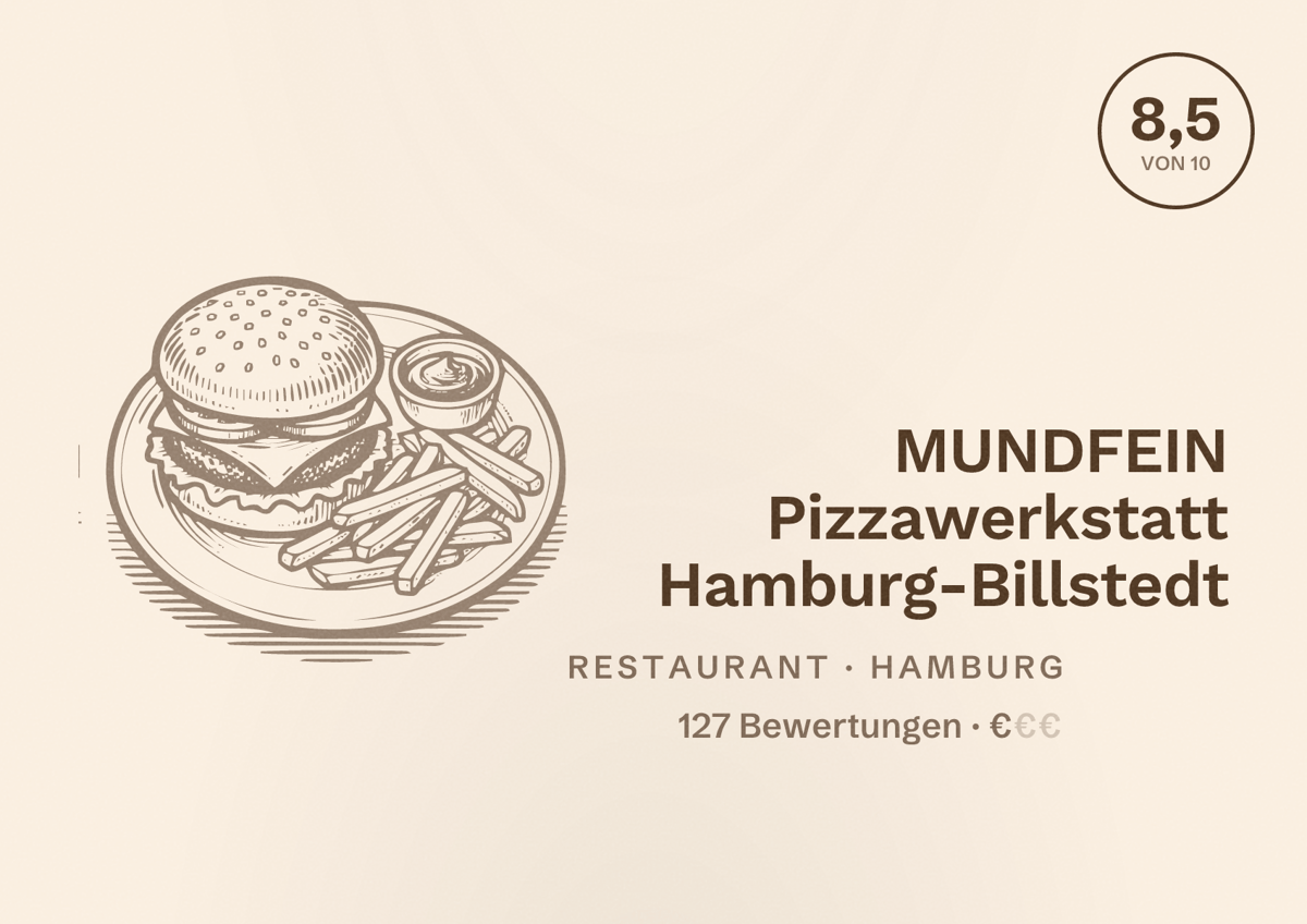 Illustriertes Poster von MUNDFEIN Pizzawerkstatt Hamburg-Billstedt, Restaurant in Hamburg: Bewertung 8,5 von 10 aus 127 Bewertungen, Preisniveau €