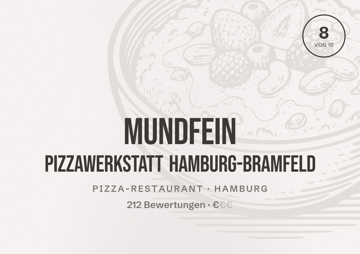 Illustriertes Poster von MUNDFEIN Pizzawerkstatt Hamburg-Bramfeld, Pizza-Restaurant in Hamburg: Bewertung 8,0 von 10 aus 212 Bewertungen, Preisniveau €