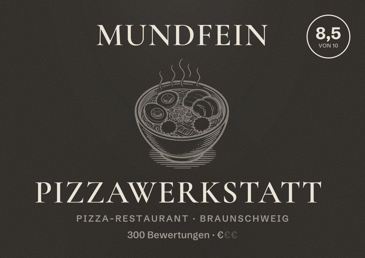 Illustriertes Poster von MUNDFEIN Pizzawerkstatt, Pizza-Restaurant in Braunschweig: Bewertung 8,5 von 10 aus 300 Bewertungen, Preisniveau €