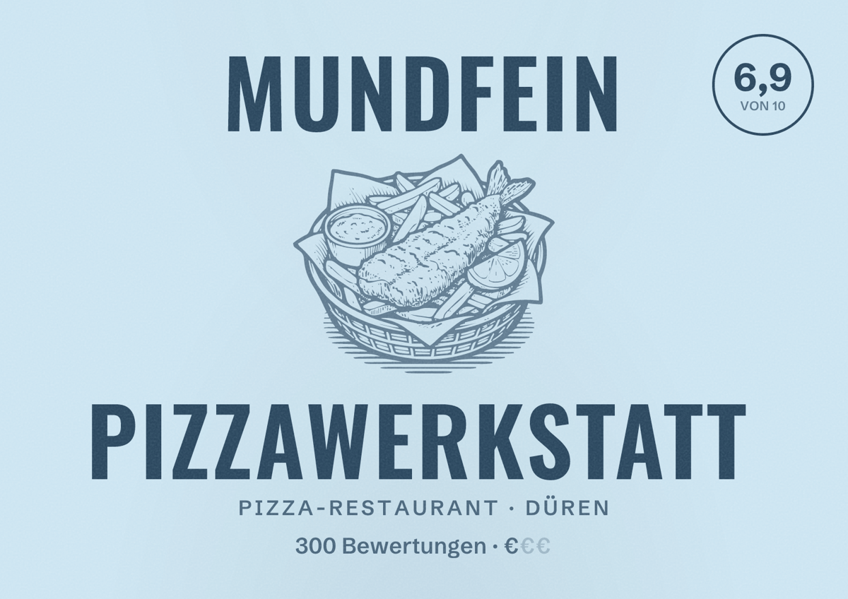 Illustriertes Poster von MUNDFEIN Pizzawerkstatt, Pizza-Restaurant in Düren: Bewertung 6,9 von 10 aus 300 Bewertungen, Preisniveau €