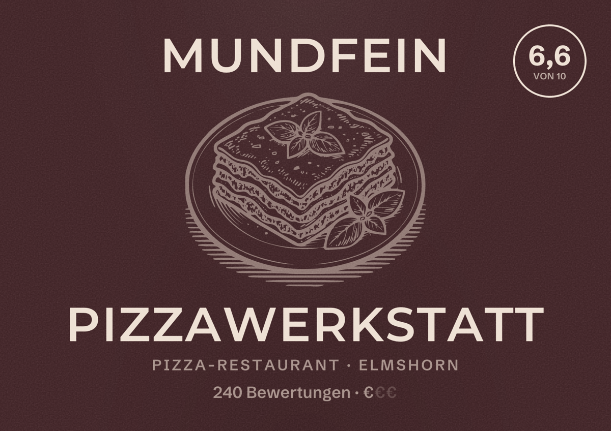 Illustriertes Poster von MUNDFEIN Pizzawerkstatt, Pizza-Restaurant in Elmshorn: Bewertung 6,6 von 10 aus 240 Bewertungen, Preisniveau €