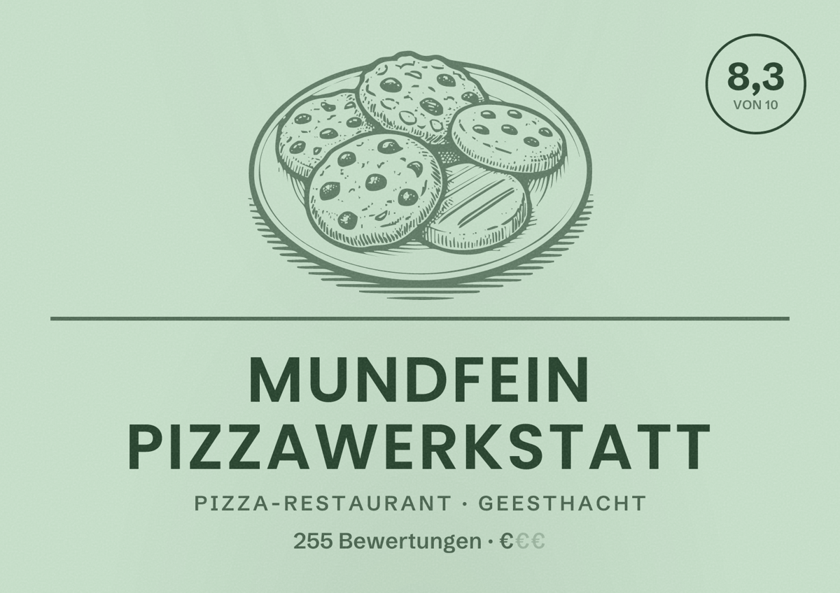 Illustriertes Poster von MUNDFEIN Pizzawerkstatt, Pizza-Restaurant in Geesthacht: Bewertung 8,3 von 10 aus 255 Bewertungen, Preisniveau €