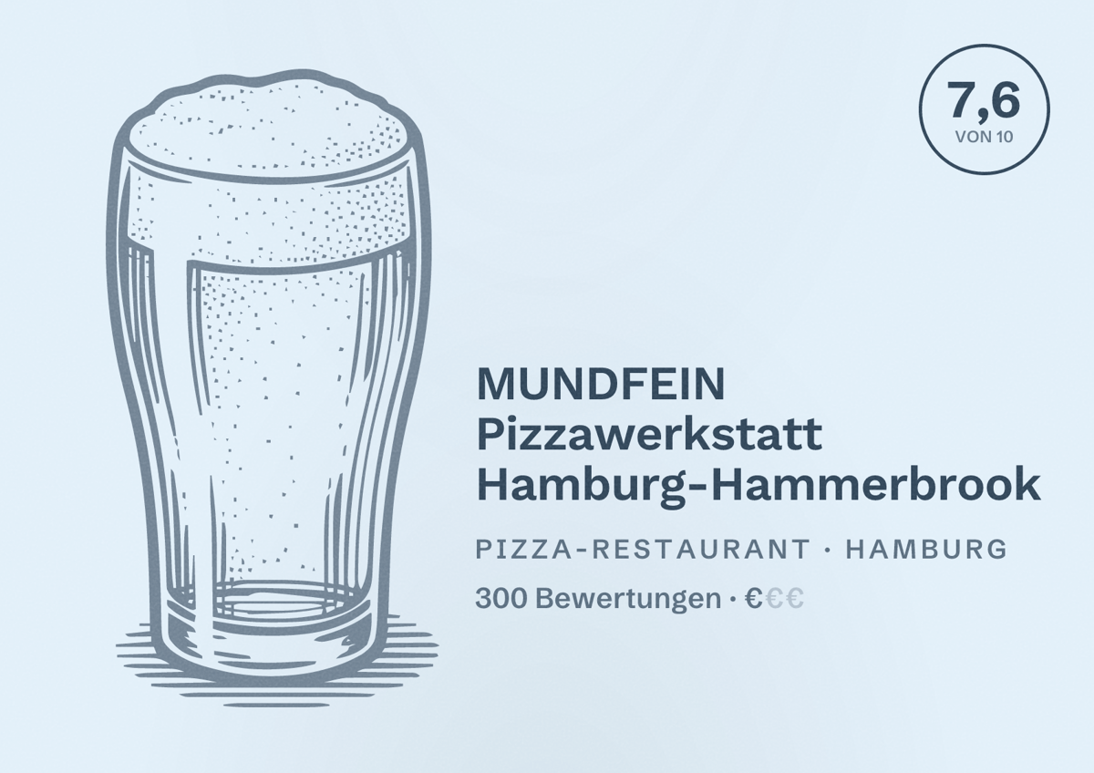 Illustriertes Poster von MUNDFEIN Pizzawerkstatt Hamburg-Hammerbrook, Pizza-Restaurant in Hamburg: Bewertung 7,6 von 10 aus 300 Bewertungen, Preisniveau €