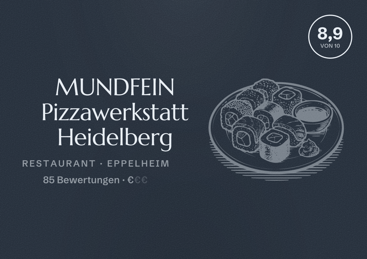 Illustriertes Poster von MUNDFEIN Pizzawerkstatt Heidelberg, Restaurant in Eppelheim: Bewertung 8,9 von 10 aus 85 Bewertungen, Preisniveau €
