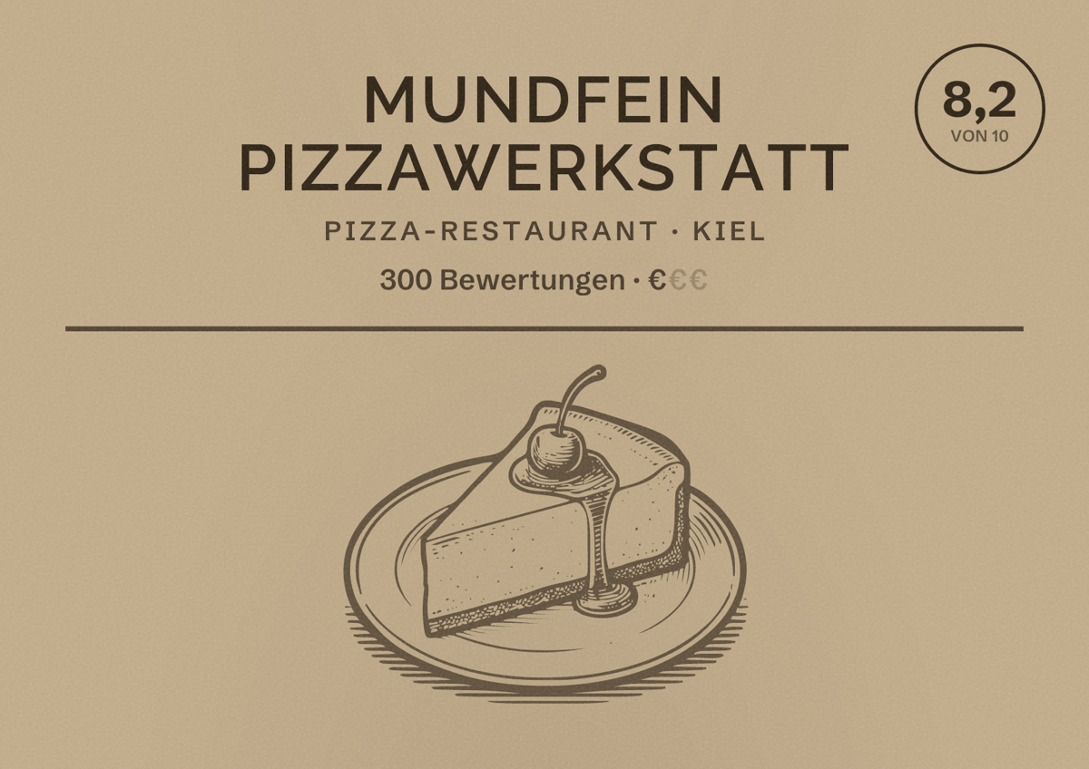 Illustriertes Poster von MUNDFEIN Pizzawerkstatt, Pizza-Restaurant in Kiel: Bewertung 8,2 von 10 aus 300 Bewertungen, Preisniveau €