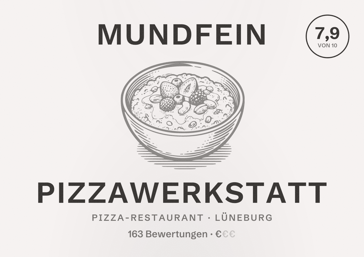 Illustriertes Poster von MUNDFEIN Pizzawerkstatt, Pizza-Restaurant in Lüneburg: Bewertung 7,9 von 10 aus 163 Bewertungen, Preisniveau €