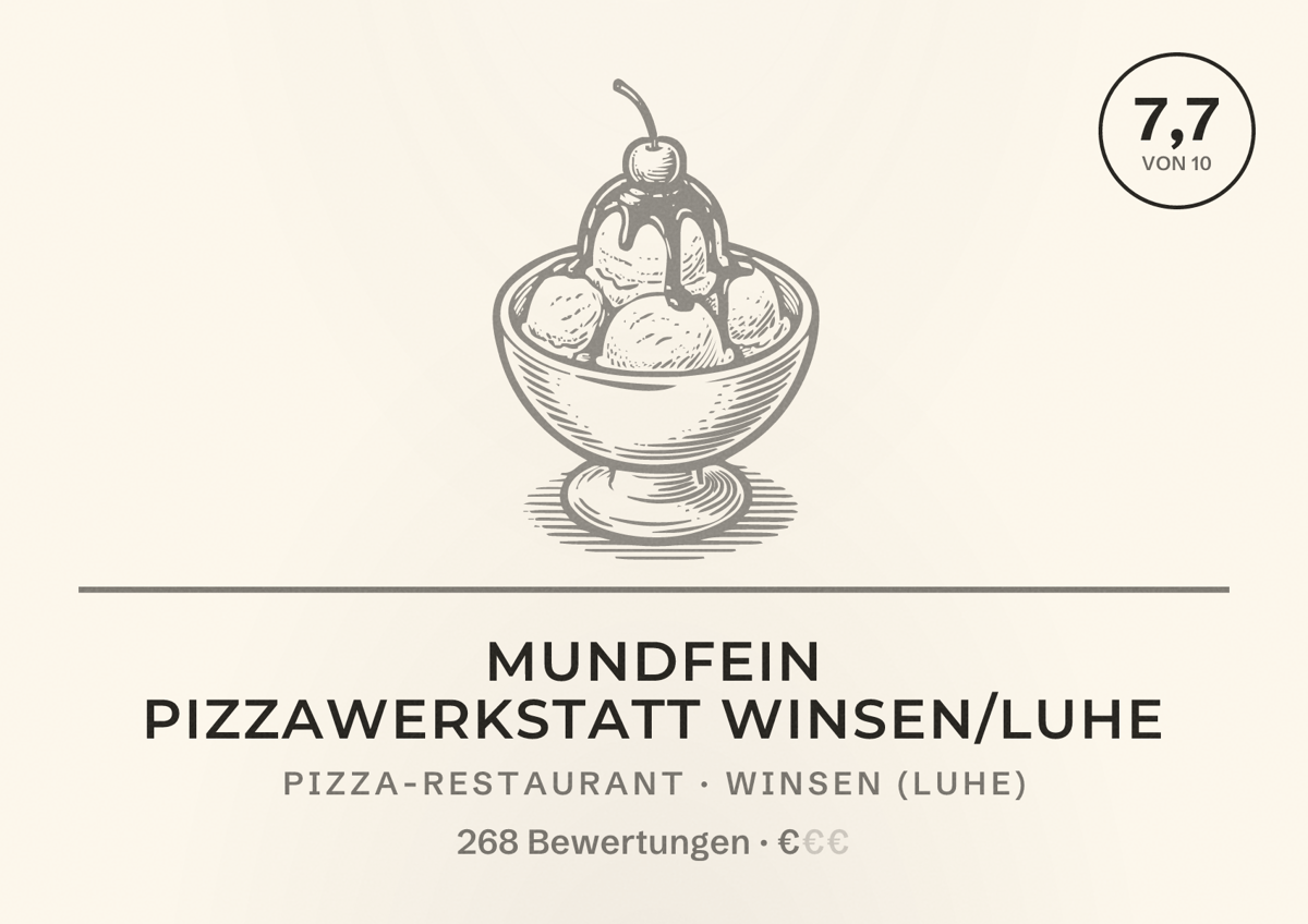 Illustriertes Poster von MUNDFEIN Pizzawerkstatt Winsen/Luhe, Pizza-Restaurant in Winsen (Luhe): Bewertung 7,7 von 10 aus 268 Bewertungen, Preisniveau €
