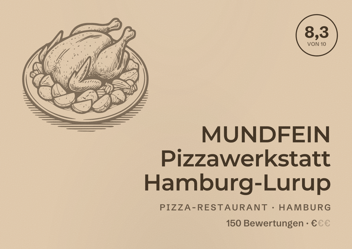 Illustriertes Poster von MUNDFEIN Pizzawerkstatt Hamburg-Lurup, Pizza-Restaurant in Hamburg: Bewertung 8,3 von 10 aus 150 Bewertungen, Preisniveau €