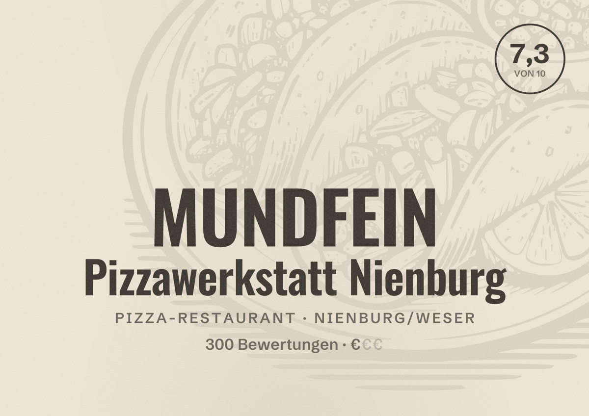 Illustriertes Poster von MUNDFEIN Pizzawerkstatt Nienburg, Pizza-Restaurant in Nienburg/Weser: Bewertung 7,3 von 10 aus 300 Bewertungen, Preisniveau €