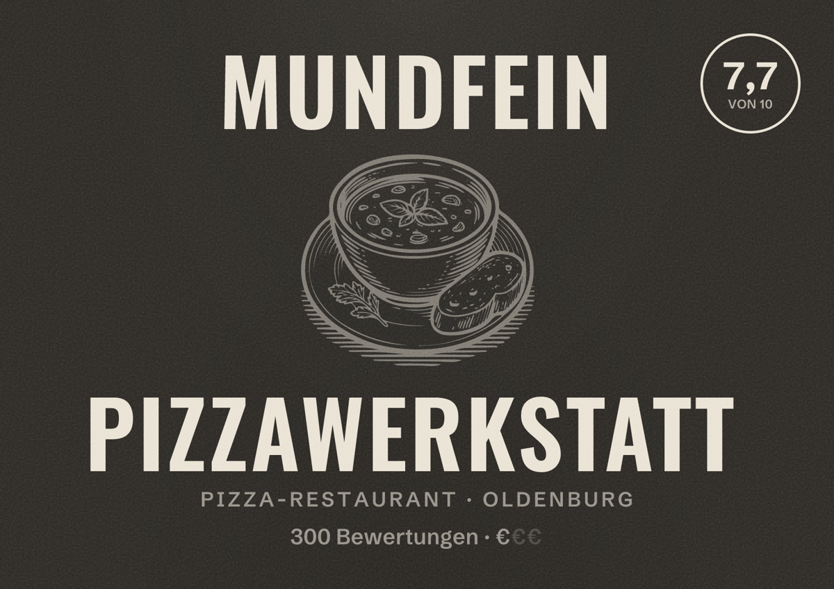 Illustriertes Poster von MUNDFEIN Pizzawerkstatt, Pizza-Restaurant in Oldenburg: Bewertung 7,7 von 10 aus 300 Bewertungen, Preisniveau €