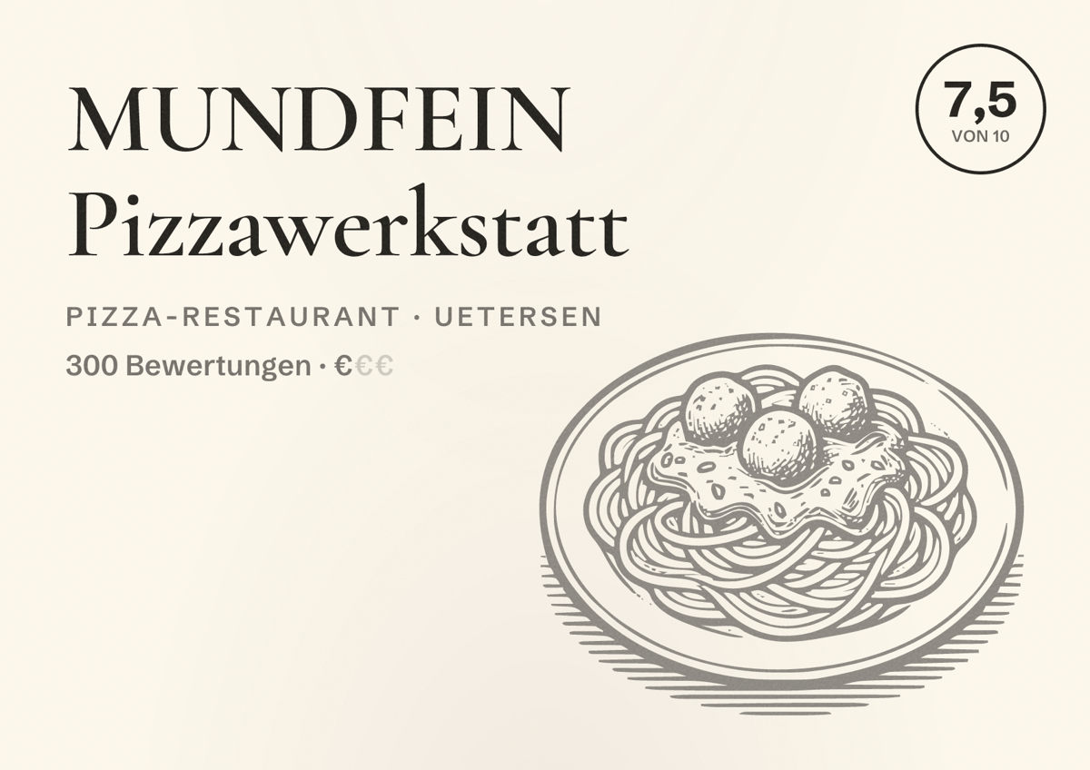Illustriertes Poster von MUNDFEIN Pizzawerkstatt, Pizza-Restaurant in Uetersen: Bewertung 7,5 von 10 aus 300 Bewertungen, Preisniveau €