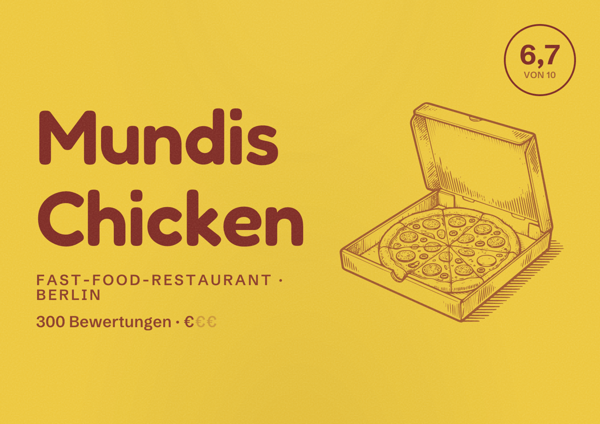 Illustriertes Poster von Mundis Chicken, Fast-Food-Restaurant in Berlin: Bewertung 6,7 von 10 aus 300 Bewertungen, Preisniveau €