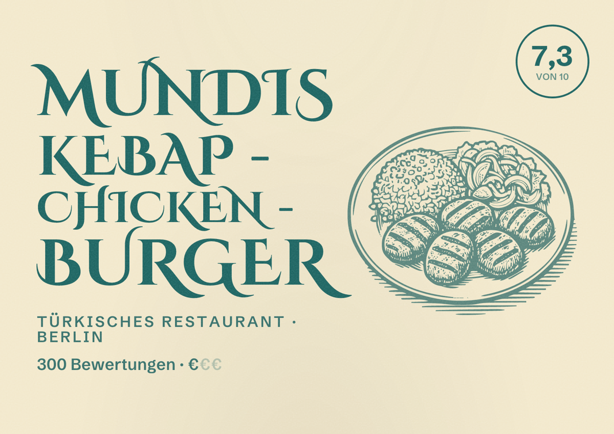 Illustriertes Poster von Mundis Kebap - Chicken - Burger, Türkisches Restaurant in Berlin: Bewertung 7,3 von 10 aus 300 Bewertungen, Preisniveau €