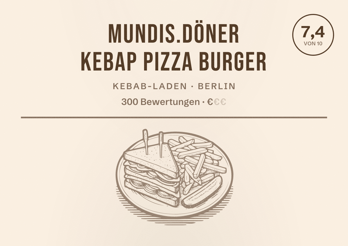 Illustriertes Poster von Mundis.Döner Kebap Pizza Burger, Kebab-Laden in Berlin: Bewertung 7,4 von 10 aus 300 Bewertungen, Preisniveau €