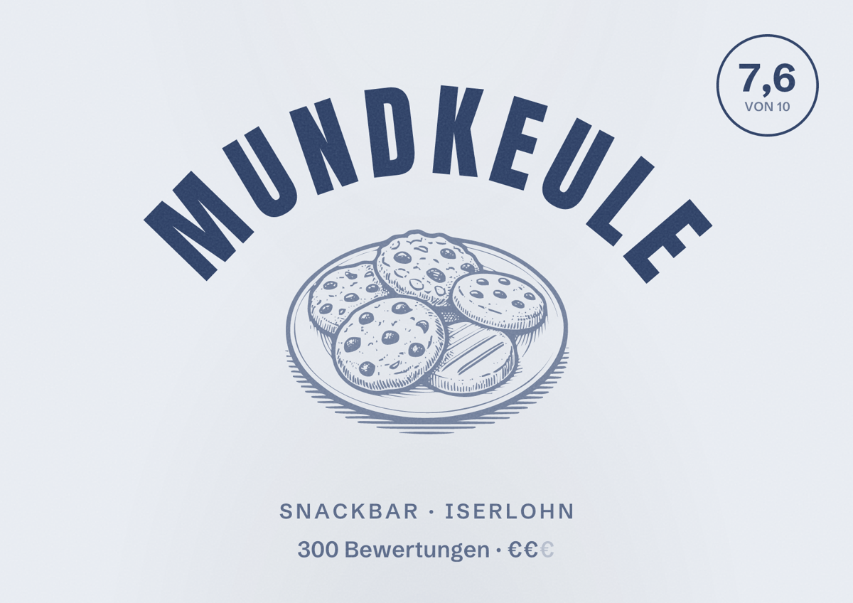 Illustriertes Poster von Mundkeule, Snackbar in Iserlohn: Bewertung 7,6 von 10 aus 300 Bewertungen, Preisniveau €€