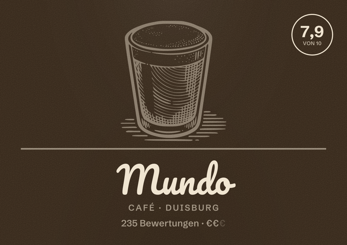 Illustriertes Poster von Mundo, Café in Duisburg: Gästebewertung 7,9 von 10 aus 235 Bewertungen