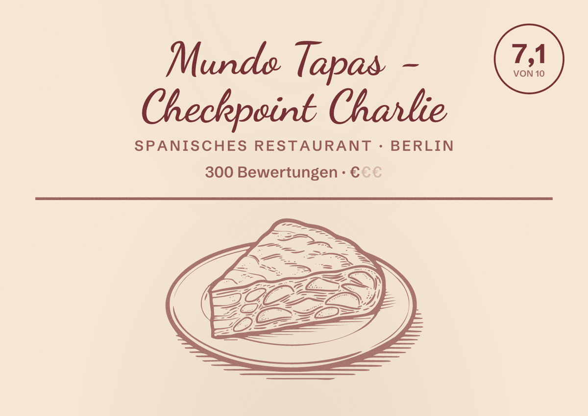Illustriertes Poster von Mundo Tapas - Checkpoint Charlie, Spanisches Restaurant in Berlin: Bewertung 7,1 von 10 aus 300 Bewertungen, Preisniveau €