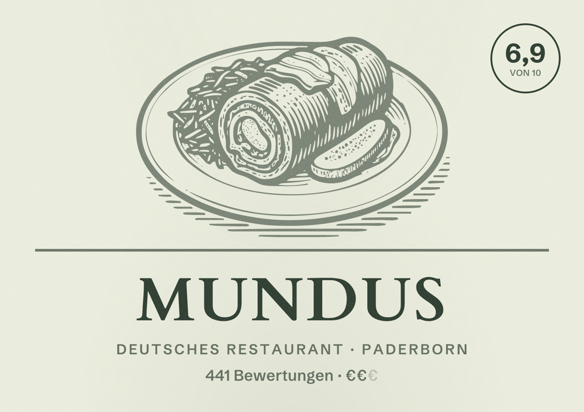 Illustriertes Poster von Mundus, Deutsches Restaurant in Paderborn: Bewertung 6,9 von 10 aus 441 Bewertungen, Preisniveau €€