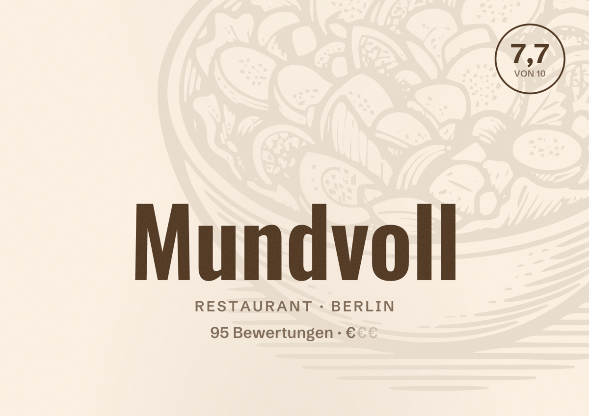 Illustriertes Poster von Mundvoll, Restaurant in Berlin: Bewertung 7,7 von 10 aus 95 Bewertungen, Preisniveau €