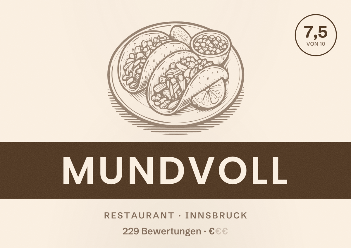 Illustriertes Poster von Mundvoll, Restaurant in Innsbruck: Bewertung 7,5 von 10 aus 229 Bewertungen, Preisniveau €