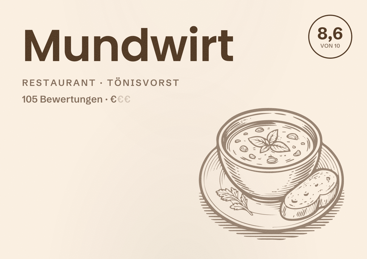 Illustriertes Poster von Mundwirt, Restaurant in Tönisvorst: Bewertung 8,6 von 10 aus 105 Bewertungen, Preisniveau €