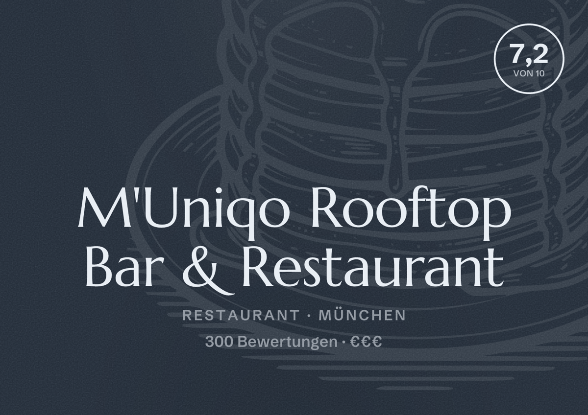 Illustriertes Poster von M'Uniqo Rooftop Bar & Restaurant, Restaurant in München: Bewertung 7,2 von 10 aus 300 Bewertungen, Preisniveau €€€