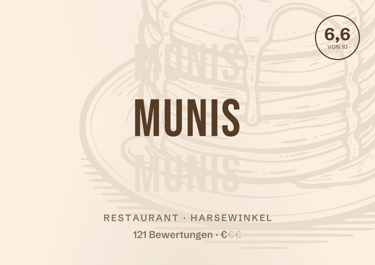 Illustriertes Poster von Munis, Restaurant in Harsewinkel: Bewertung 6,6 von 10 aus 121 Bewertungen, Preisniveau €