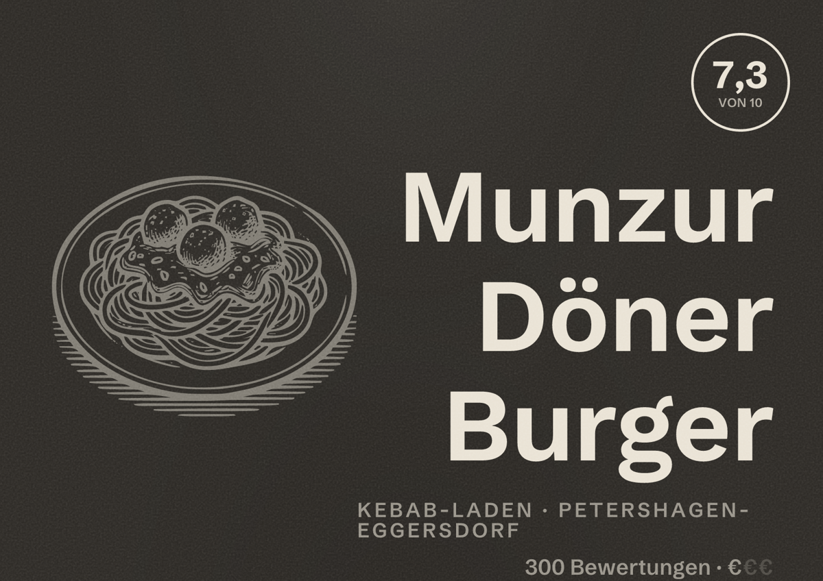 Illustriertes Poster von Munzur Döner Burger, Kebab-Laden in Petershagen-Eggersdorf: Bewertung 7,3 von 10 aus 300 Bewertungen, Preisniveau €