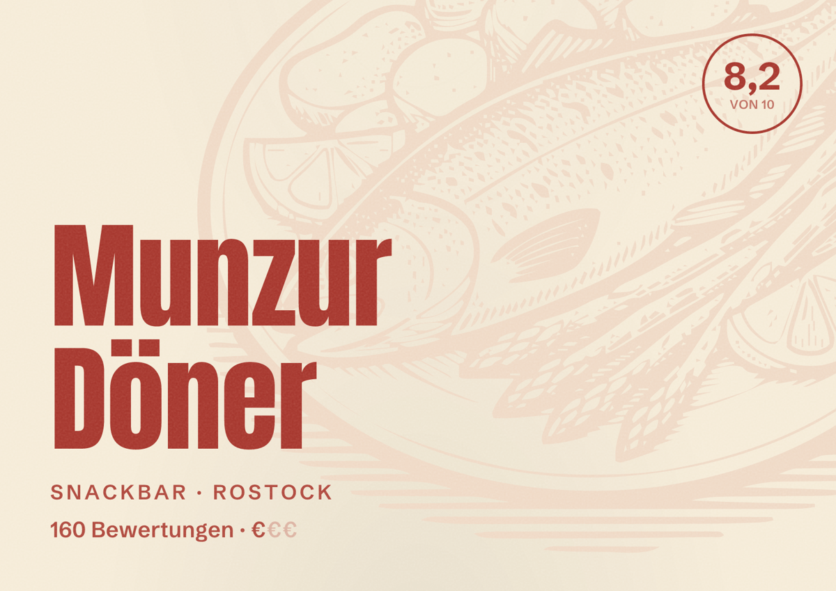 Illustriertes Poster von Munzur Döner, Snackbar in Rostock: Bewertung 8,2 von 10 aus 160 Bewertungen, Preisniveau €