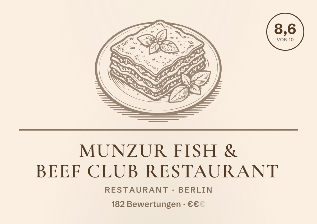Illustriertes Poster von Munzur Fish & Beef Club Restaurant, Restaurant in Berlin: Bewertung 8,6 von 10 aus 182 Bewertungen, Preisniveau €€