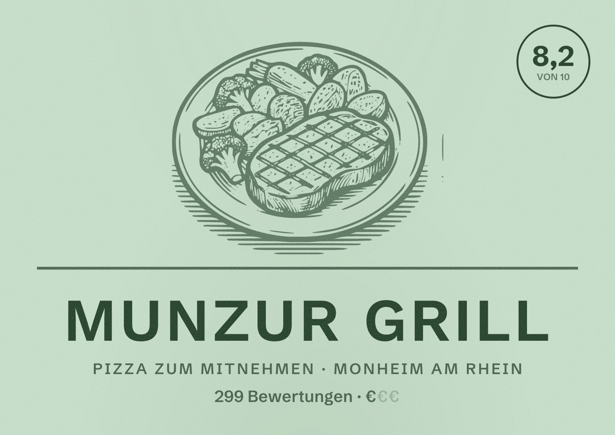 Illustriertes Poster von Munzur Grill, Pizza zum Mitnehmen in Monheim am Rhein: Bewertung 8,2 von 10 aus 299 Bewertungen, Preisniveau €