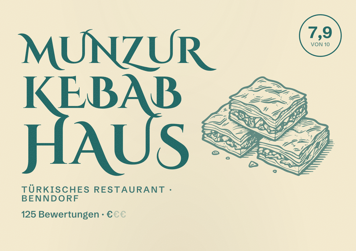 Illustriertes Poster von Munzur Kebab Haus, Türkisches Restaurant in Benndorf: Bewertung 7,9 von 10 aus 125 Bewertungen, Preisniveau €