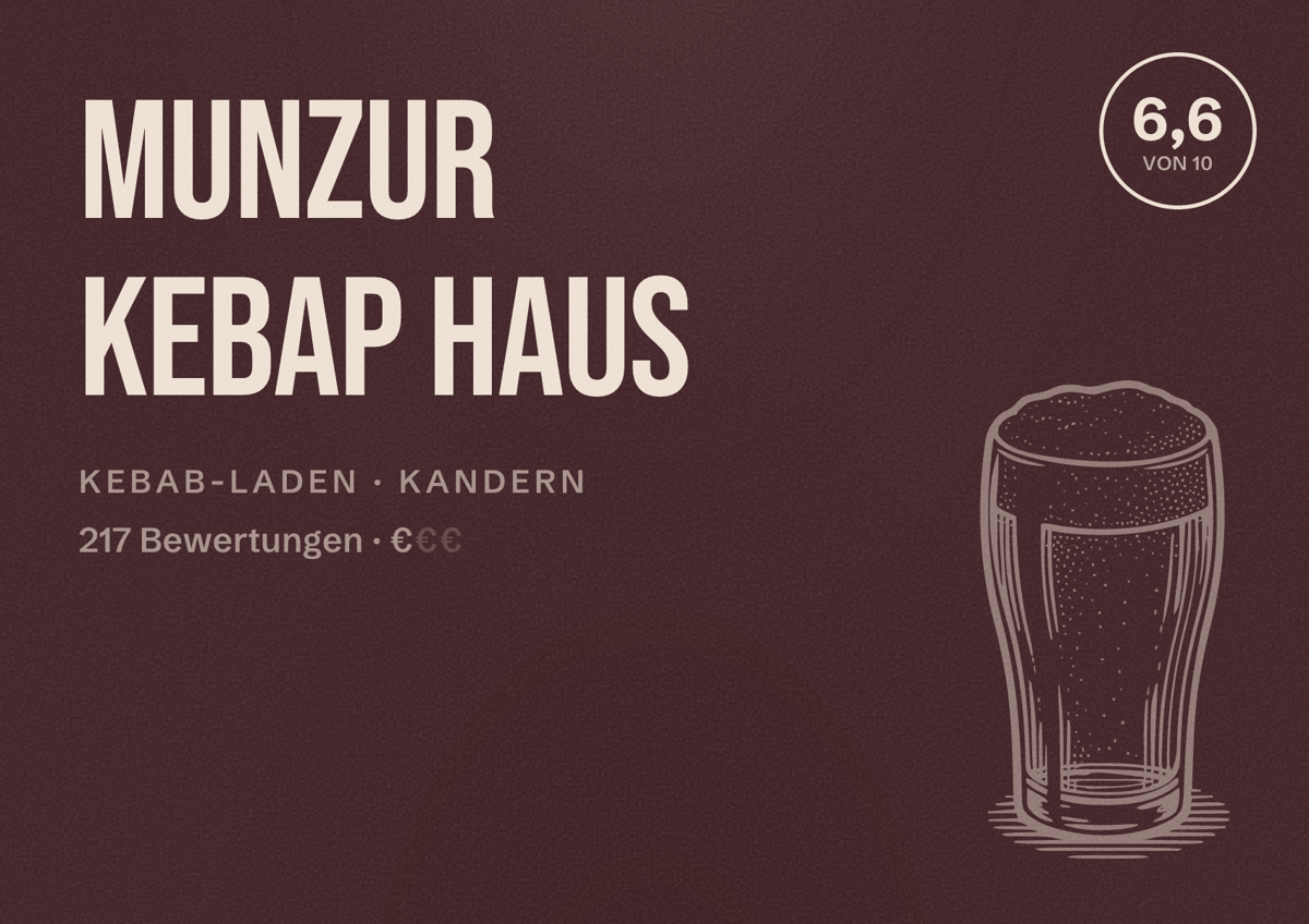 Illustriertes Poster von Munzur Kebap Haus, Kebab-Laden in Kandern: Bewertung 6,6 von 10 aus 217 Bewertungen, Preisniveau €