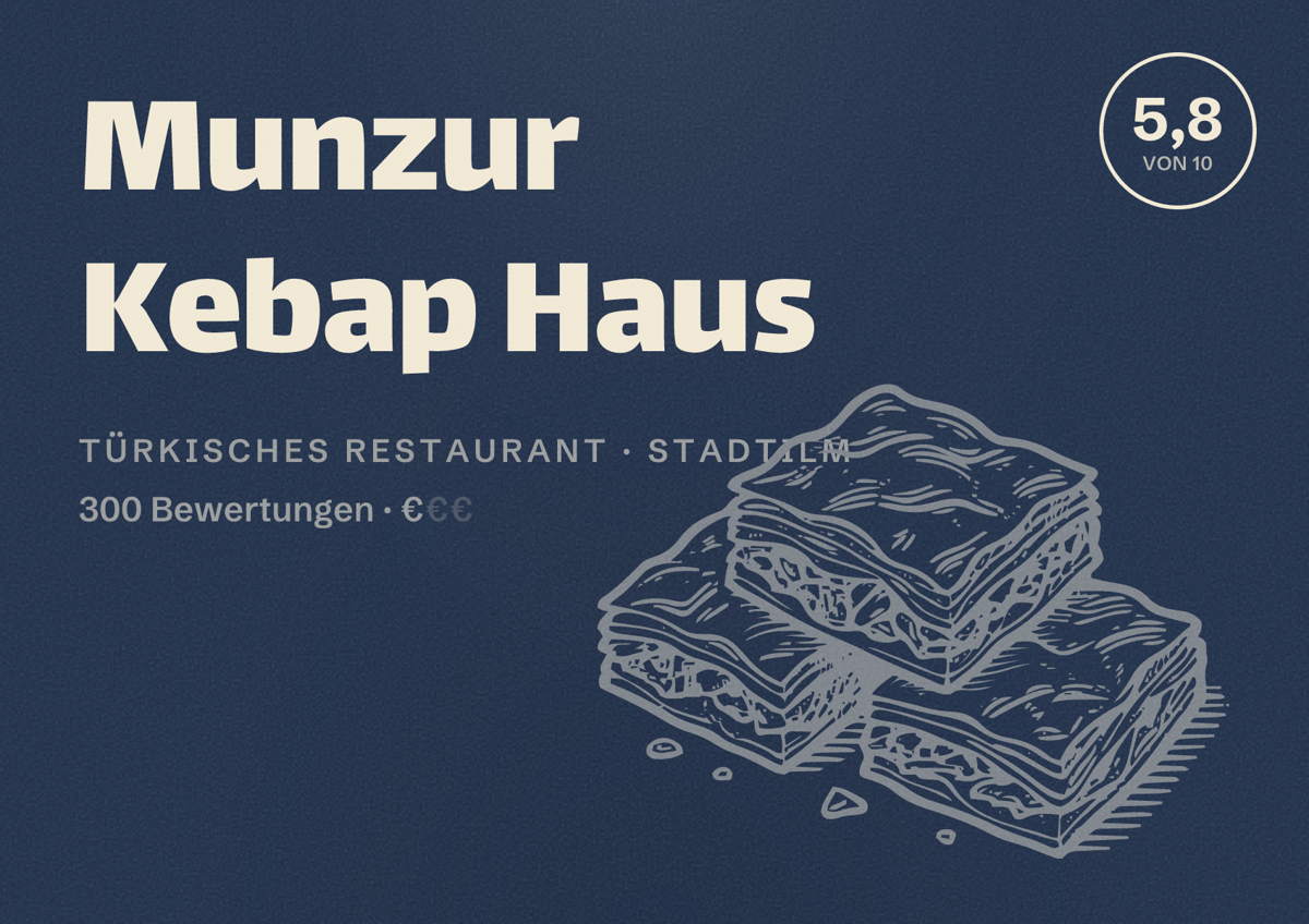 Illustriertes Poster von Munzur Kebap Haus, Türkisches Restaurant in Stadtilm: Bewertung 5,8 von 10 aus 300 Bewertungen, Preisniveau €