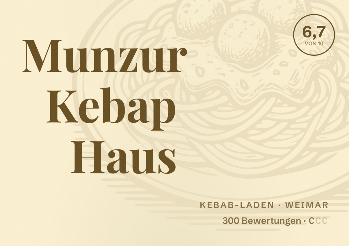 Illustriertes Poster von Munzur Kebap Haus, Kebab-Laden in Weimar: Bewertung 6,7 von 10 aus 300 Bewertungen, Preisniveau €