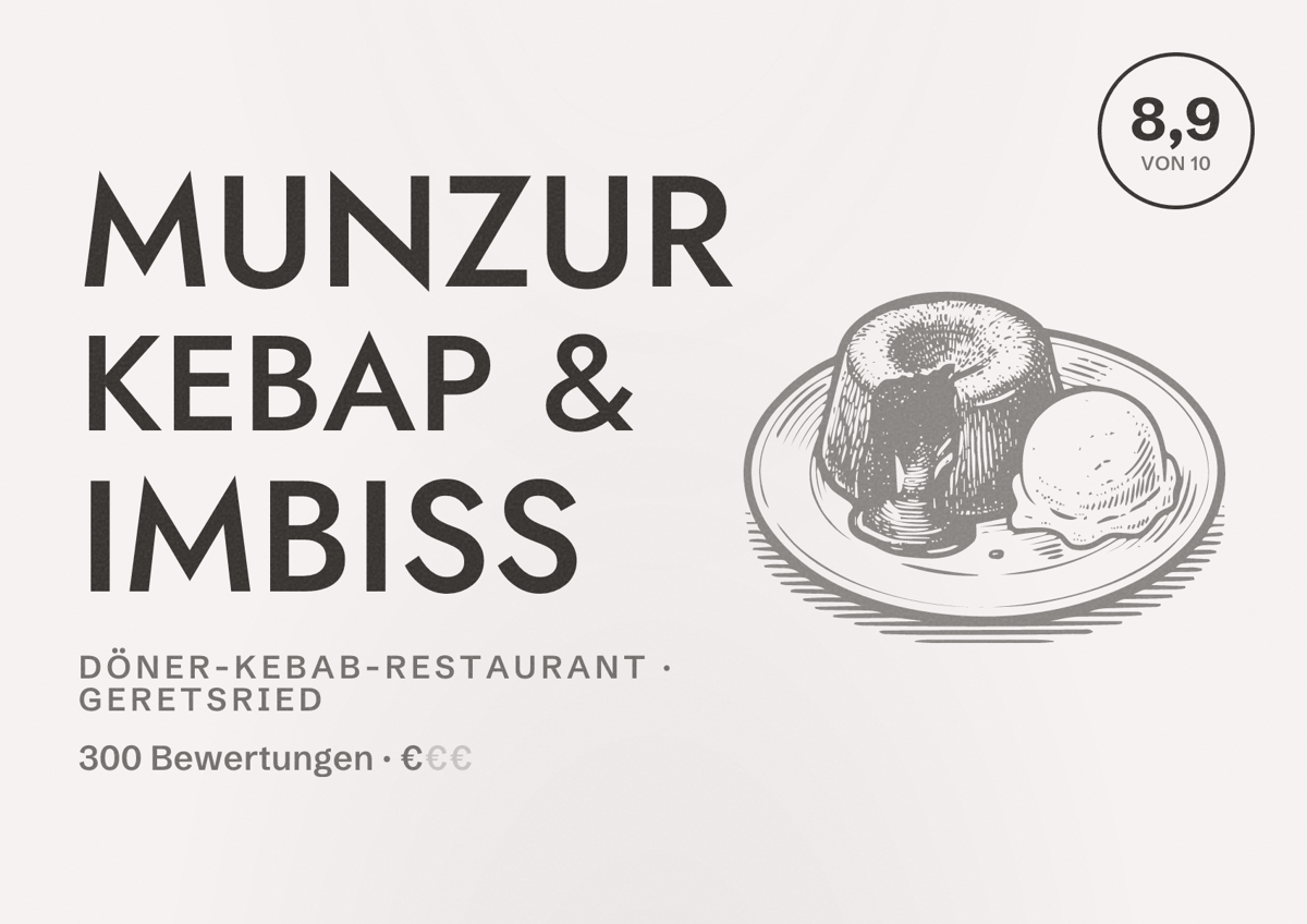 Illustriertes Poster von Munzur Kebap & Imbiss, Döner-Kebab-Restaurant in Geretsried: Bewertung 8,9 von 10 aus 300 Bewertungen, Preisniveau €