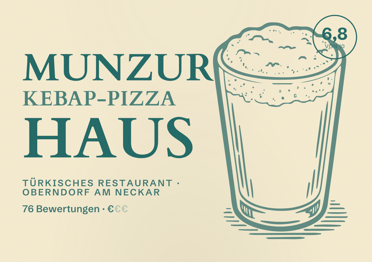 Illustriertes Poster von Munzur Kebap-Pizza Haus, Türkisches Restaurant in Oberndorf am Neckar: Bewertung 6,8 von 10 aus 76 Bewertungen, Preisniveau €