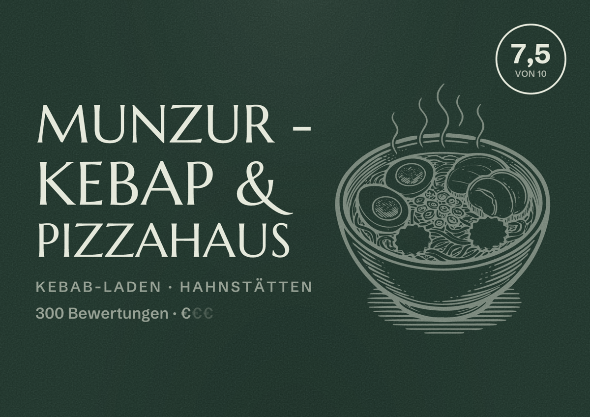 Illustriertes Poster von Munzur - Kebap & Pizzahaus, Kebab-Laden in Hahnstätten: Bewertung 7,5 von 10 aus 300 Bewertungen, Preisniveau €