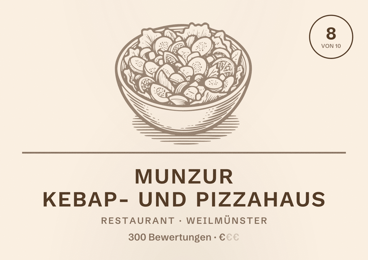Illustriertes Poster von Munzur Kebap- und Pizzahaus, Restaurant in Weilmünster: Bewertung 8 von 10 aus 300 Bewertungen, Preisniveau €