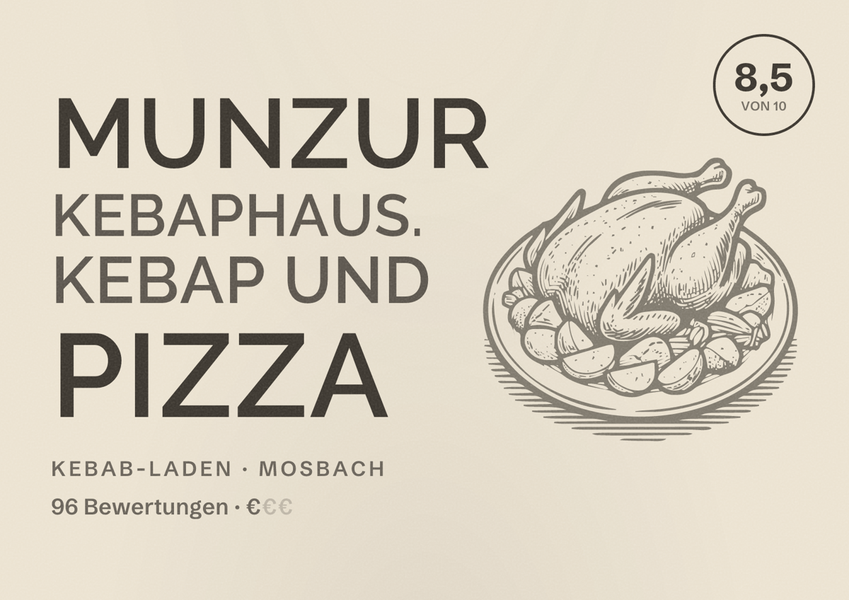 Illustriertes Poster von Munzur Kebaphaus. Kebap und Pizza, Kebab-Laden in Mosbach: Bewertung 8,5 von 10 aus 96 Bewertungen, Preisniveau €