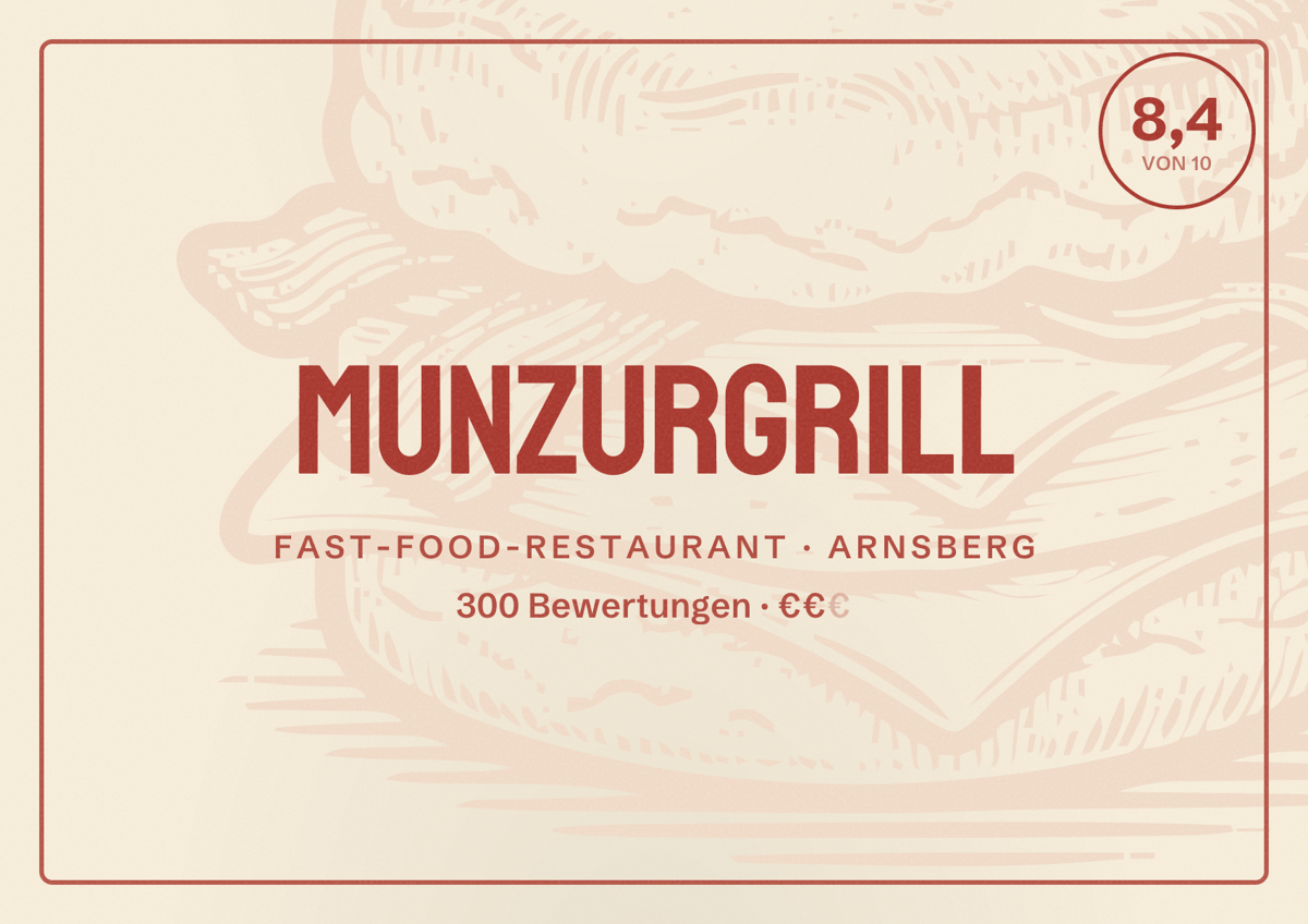 Illustriertes Poster von Munzurgrill, Fast-Food-Restaurant in Arnsberg: Bewertung 8,4 von 10 aus 300 Bewertungen, Preisniveau €€