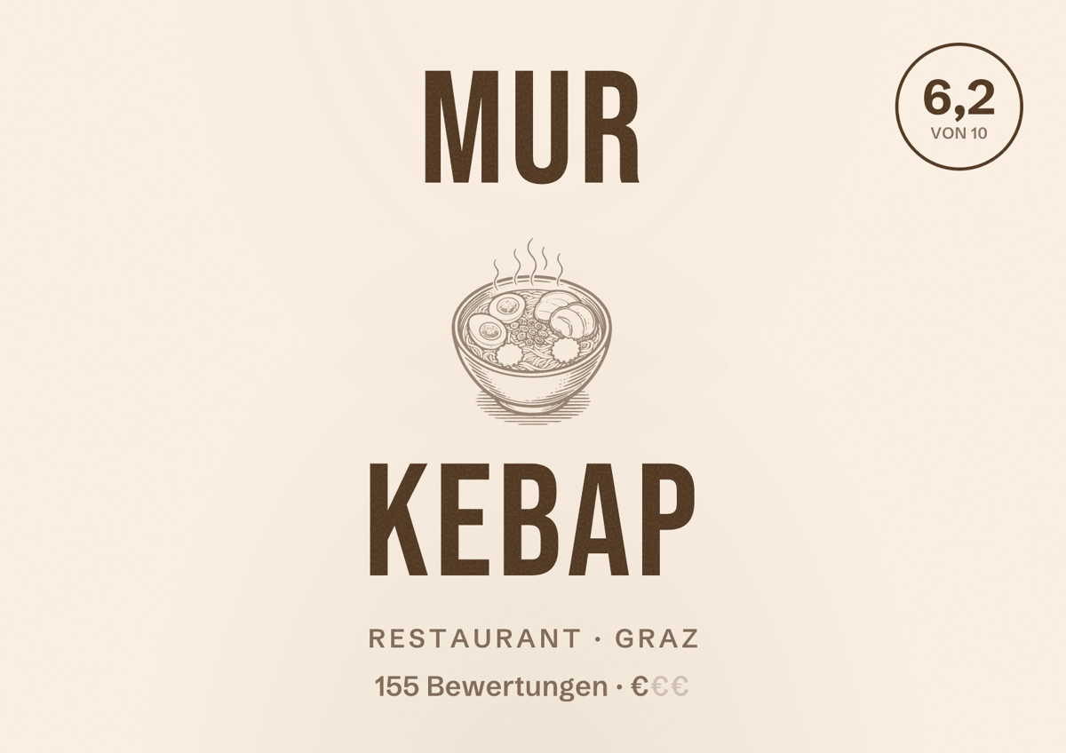 Illustriertes Poster von Mur Kebap, Restaurant in Graz: Bewertung 6,2 von 10 aus 155 Bewertungen, Preisniveau €
