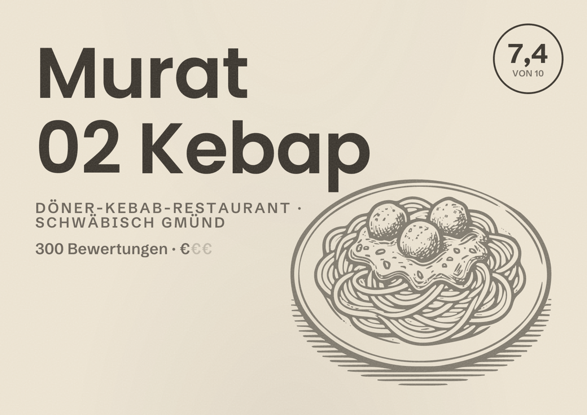 Illustriertes Poster von Murat 02 Kebap, Döner-Kebab-Restaurant in Schwäbisch Gmünd: Bewertung 7,4 von 10 aus 300 Bewertungen, Preisniveau €