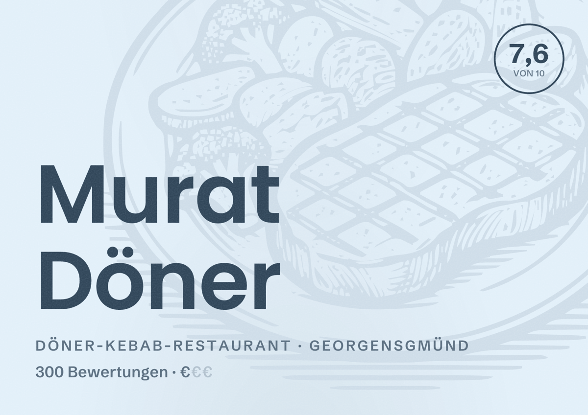 Illustriertes Poster von Murat Döner, Döner-Kebab-Restaurant in Georgensgmünd: Bewertung 7,6 von 10 aus 300 Bewertungen, Preisniveau €